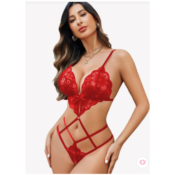 Lace Trim Halter Neck Teddy Lingerie Set with Cut-Out Design|Night Wear|Women wear|Lingerie Pack of 1 Set | Red Color Free Size - Image 2
