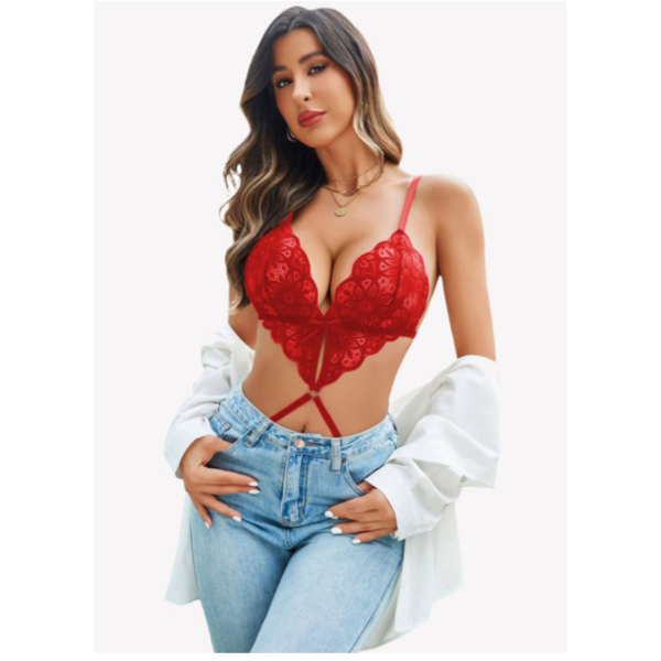 Lace Trim Halter Neck Teddy Lingerie Set with Cut-Out Design|Night Wear|Women wear|Lingerie Pack of 1 Set | Red Color Free Size - Image 4