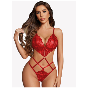 Lace Trim Halter Neck Teddy Lingerie Set with Cut-Out Design|Night Wear|Women wear|Lingerie Pack of 1 Set | Red Color Free Size