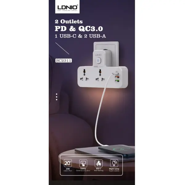LDNIO SC2311 20W Power Strip with Night Light - Image 2