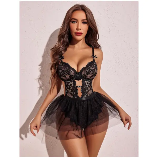 Lingerie Set Lace Underwired Bodysuit with Detachable Mesh Mini Skirt Push Up Teddy Lingerie Black Color Free Size - Image 2