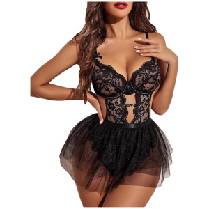 Lingerie Set Lace Underwired Bodysuit with Detachable Mesh Mini Skirt Push Up Teddy Lingerie Black Color Free Size