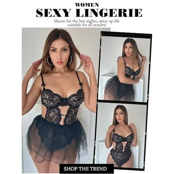 Lingerie Set Lace Underwired Bodysuit with Detachable Mesh Mini Skirt Push Up Teddy Lingerie Black Color Free Size - Image 5