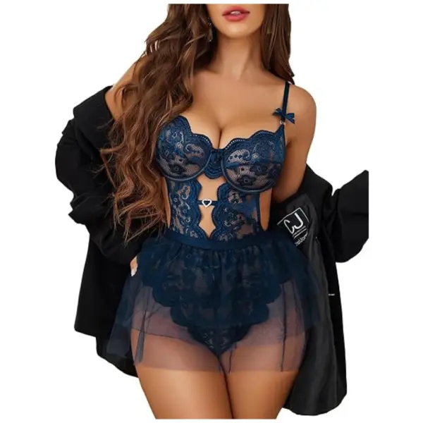Lingerie Set Lace Underwired Bodysuit with Detachable Mesh Mini Skirt Push Up Teddy Lingerie Free Size Navy Blue Color - Image 2