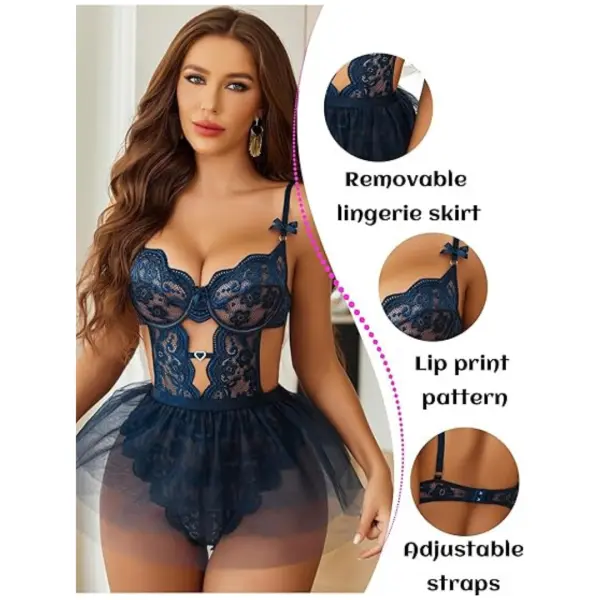 Lingerie Set Lace Underwired Bodysuit with Detachable Mesh Mini Skirt Push Up Teddy Lingerie Free Size Navy Blue Color - Image 3