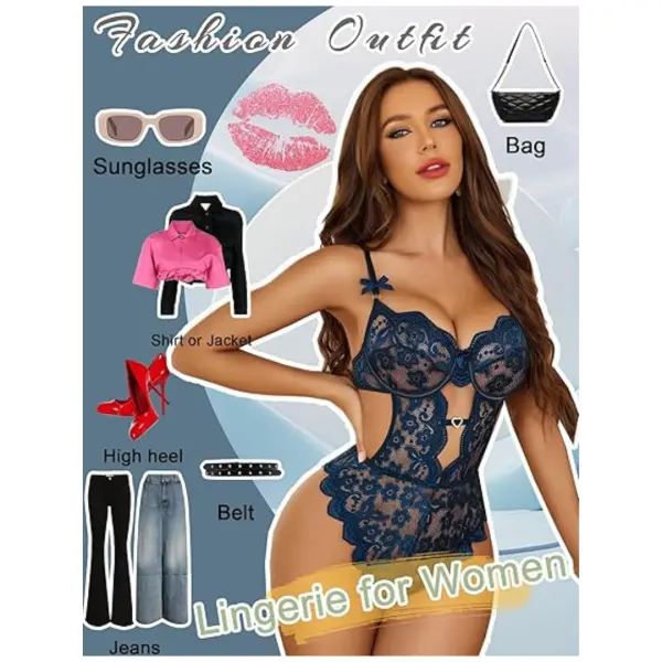 Lingerie Set Lace Underwired Bodysuit with Detachable Mesh Mini Skirt Push Up Teddy Lingerie Free Size Navy Blue Color - Image 4