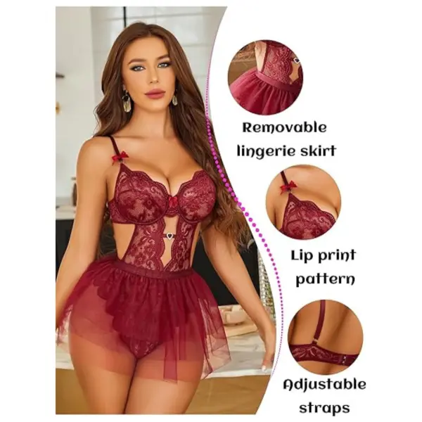Lingerie Set Lace Underwired Bodysuit with Detachable Mesh Mini Skirt Push Up Teddy Lingerie Maroon Color Free Size - Image 2