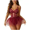 Lingerie Set Lace Underwired Bodysuit with Detachable Mesh Mini Skirt Push Up Teddy Lingerie Maroon Color Free Size