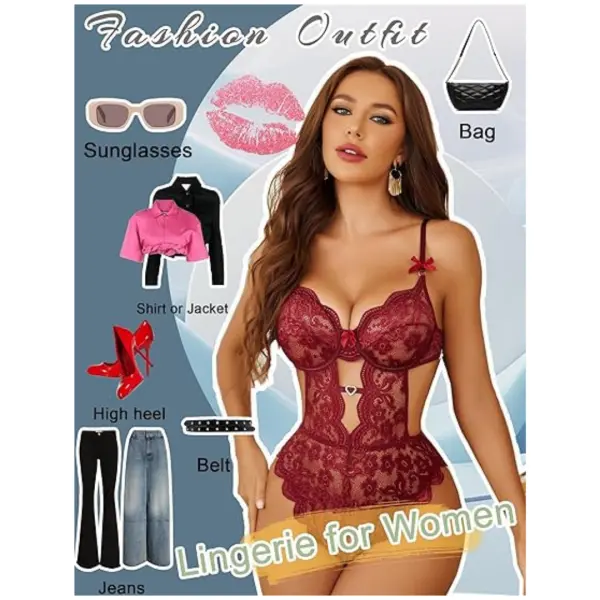 Lingerie Set Lace Underwired Bodysuit with Detachable Mesh Mini Skirt Push Up Teddy Lingerie Maroon Color Free Size - Image 3
