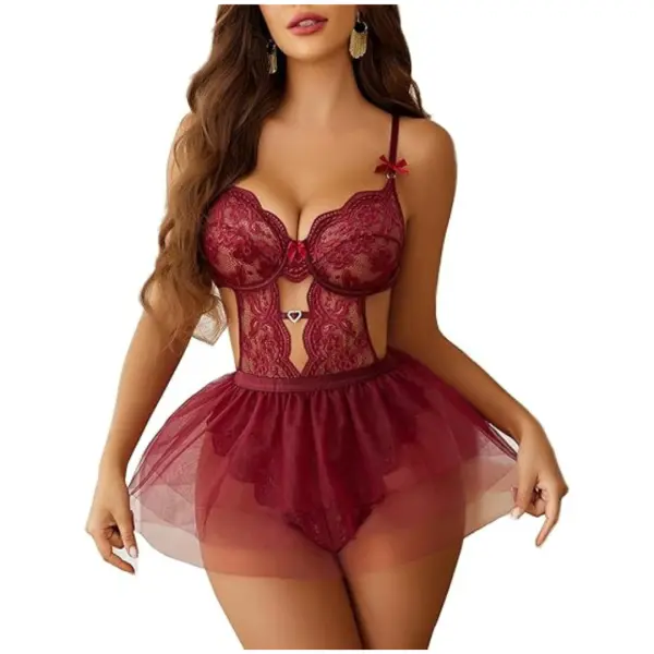 Lingerie Set Lace Underwired Bodysuit with Detachable Mesh Mini Skirt Push Up Teddy Lingerie Maroon Color Free Size