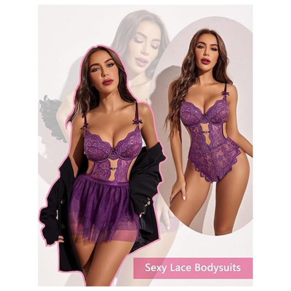 Lingerie Set Lace Underwired Bodysuit with Detachable Mesh Mini Skirt Push Up Teddy Lingerie Purple Color Free Size - Image 4