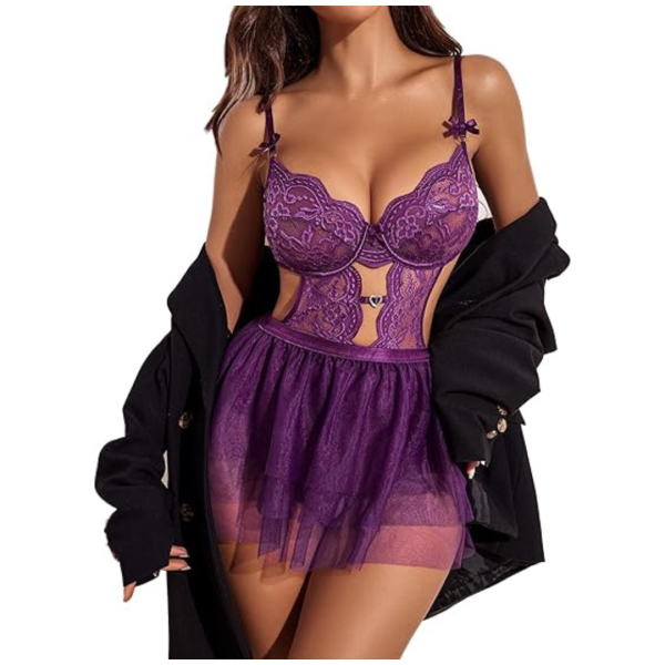Lingerie Set Lace Underwired Bodysuit with Detachable Mesh Mini Skirt Push Up Teddy Lingerie Purple Color Free Size - Image 5