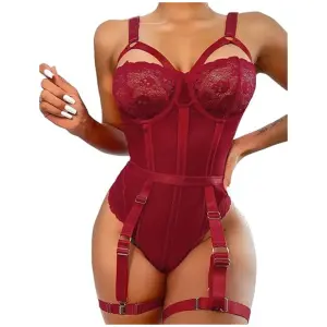 Lingerie Sets for Women Lace Skull Corset with Garter Belt One Piece Teddy Bodysuit Free Size Maroon Color