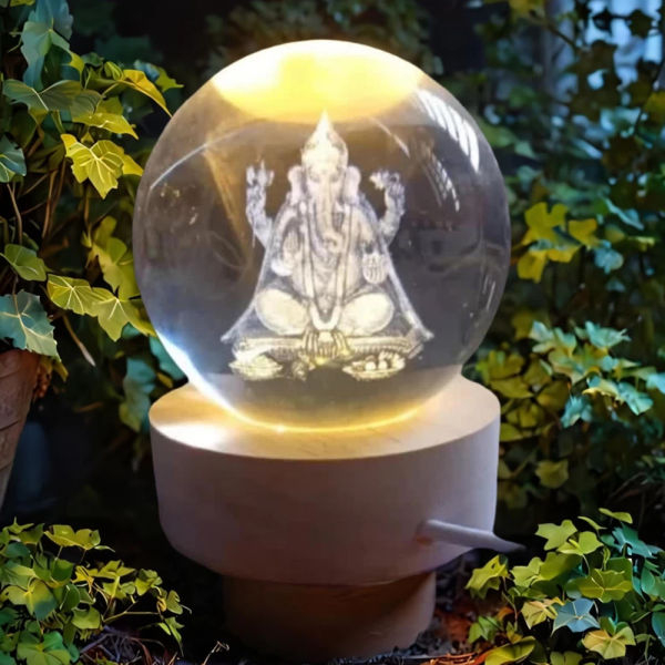 Lord Ganesha And Laxmi Crystal Glass Ball Light 3D Nightlight Wooden LED Display Base Stand Home Decor - Image 4