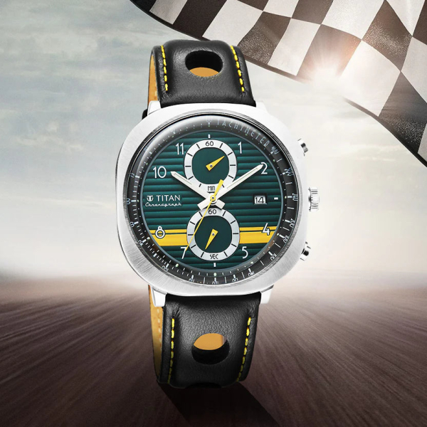 Titan Racecraft Green Dial Black Leather Strap Chronograph Watch for Men - Image 3