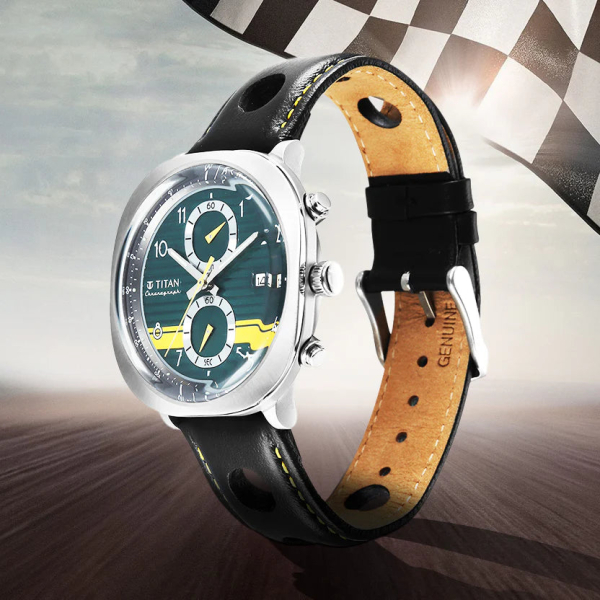 Titan Racecraft Green Dial Black Leather Strap Chronograph Watch for Men - Image 2