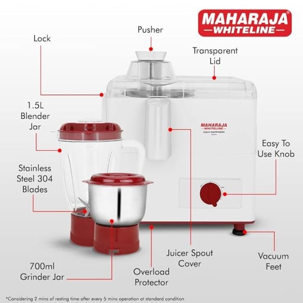 Maharaja Whiteline Gala Happiness Juicer Mixer Grinder With 2 Jars | Long Lasting Performance With 450 Watts| Food Grade Safe | High Grade Mesh For Efficient Juicing | 1 Year on product + 2 Years on motor - Image 3