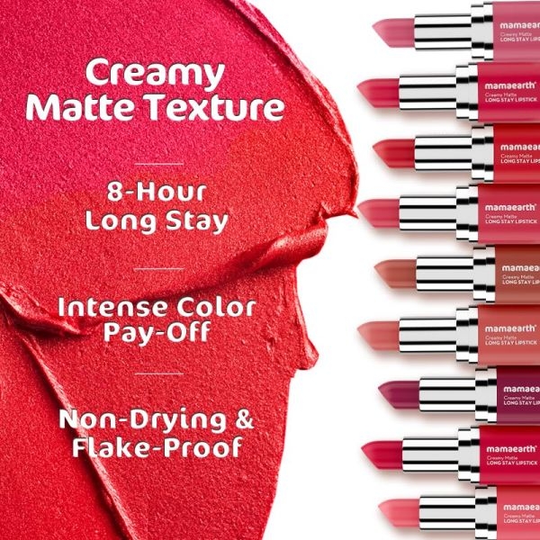 mamaearth Creamy Matte Long Stay Lipstick with Murumuru Butter and Vitamin E for 8-Hour Long Stay (Flakeproof & Non-Drying | Intense Color Payoff) - 4.2g (Ruby Crush) - Image 4
