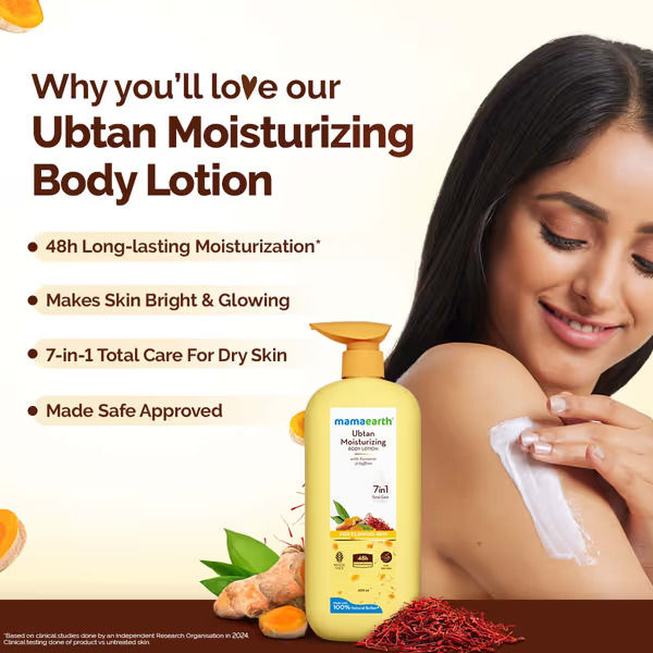 mamaearth Ubtan Moisturizing Body Lotion with Turmeric & Saffron for Glowing Skin - 400 ml - Image 3