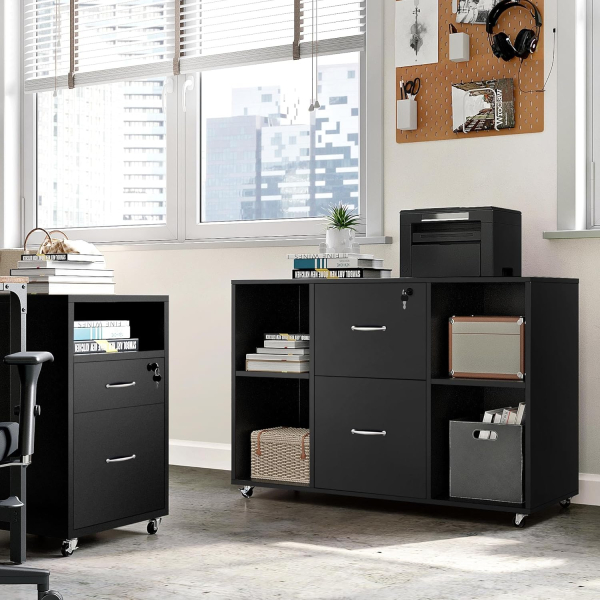 Mark PrinterTable Multipurpose Open Rack For Storage With Drawers at Home and Office, Large Space with Multiple Compartment Filling Cabinet in Black - Image 4