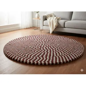 Maroon Round Felt Ball Carpet – 100 cm x 100 cm, Perfect for Home or Office