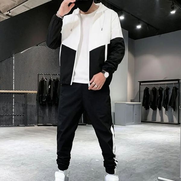 Men' s Summer Stylish Black And White Patchwork Design Lightweight Jacket And Trouser Set - Image 2
