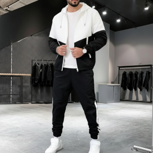 Men' s Summer Stylish Black And White Patchwork Design Lightweight Jacket And Trouser Set