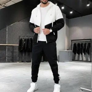 Men' s Summer Stylish Black And White Patchwork Design Lightweight Jacket And Trouser Set
