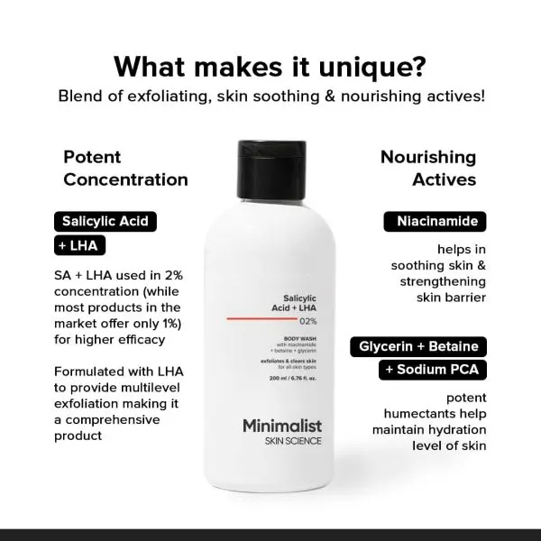Minimalist 2% Salicylic Acid Body Wash | Acne Body Wash for Exfoliating, Excess Sweat, Rough & Bumpy Skin | Sulphate (SLS), Dye, & Fragrance Free | Shower Gel For Women & Men | 6.76 Fl Oz / 200 ml