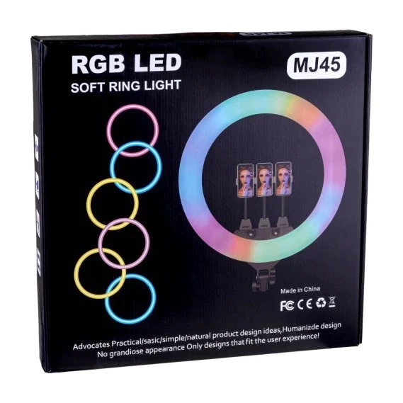 MJ45 18'' 45cm RGB Colors Ring Light With Three Mobile Holder & 7ft. Stand for Making You_Tube | Insta Reels | Live Stream | Makeup Videos