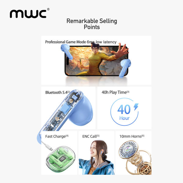 MWC HERO MT69 ENC | AI ENC | Bluetooth 5.4 TWS | Only 6ms Ultra Low Latency (Game Mode) | Semi In-Ear Gaming Earbuds | Unique & Transparent Design | iPx6 Water Resistant | 40Hrs Playback | Available in 4 Sweat Colors - Image 2