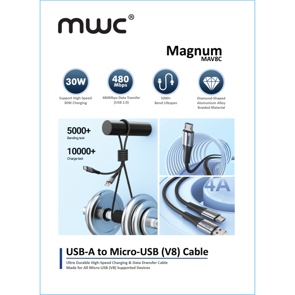 MWC Magnum MAV8C Data Cable | USB-A to USB-Micro (V8) | 30W Fast Charging Cable | Diamond-Shaped Aluminium Allow Braided Material - Image 5