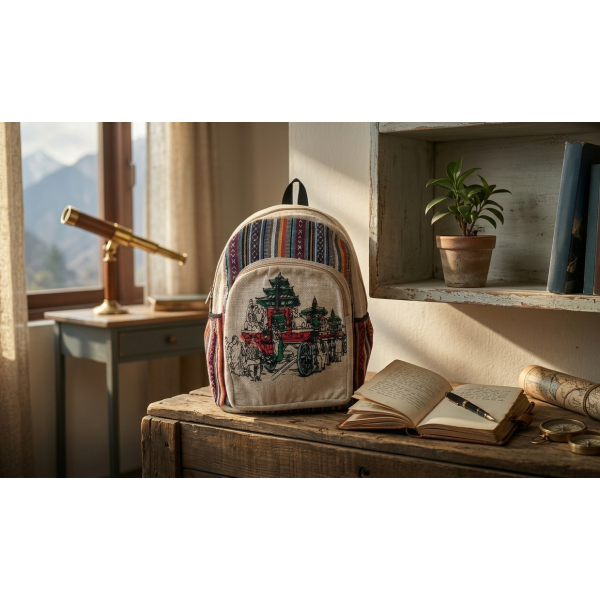 Nepal Print Handmade Sustainable Hemp & Cotton Mix Backpack for Unisex - Image 3