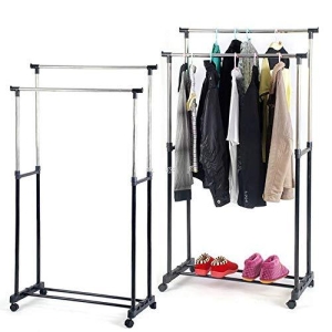 New Elegant Adjustable Double Pole Stainless Steel Coat Rack with Wheels, Space-Saving Hanging & Shoe Storage Organizer for Indoor & Outdoor