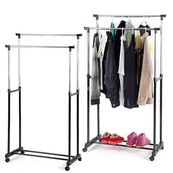 New Elegant Adjustable Double Pole Stainless Steel Coat Rack with Wheels, Space-Saving Hanging & Shoe Storage Organizer for Indoor & Outdoor - Image 4