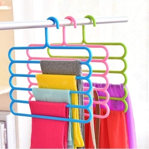 New Multi-Color 5-Layer Plastic Space-Saving Hangers - Durable & Adjustable for Efficient Closet Organization