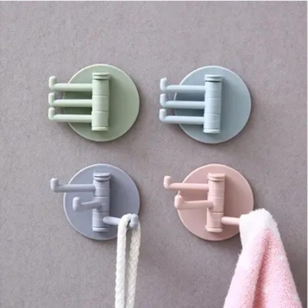No Trace Paste 3 Branch Rotating Hook Kitchen Bathroom Wall Hook Home Plain Nail-Free Sticky Hook (Color May Vary) - Image 2