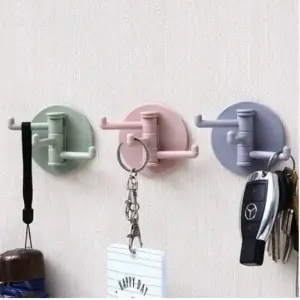 No Trace Paste 3 Branch Rotating Hook Kitchen Bathroom Wall Hook Home Plain Nail-Free Sticky Hook (Color May Vary)