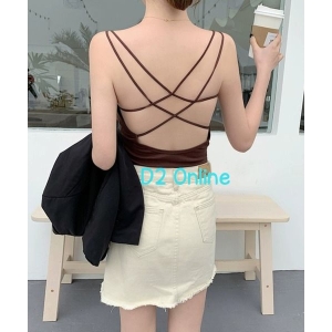 Open Cross Back Tank Top With Removable Pads - Brown