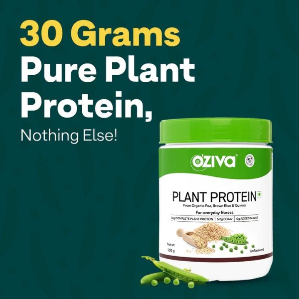 OZiva Plant Pea Protein, 30g Protein Each Scoop, No Added Sugar, Certified Clean & Vegan (Unflavoured, 500g) - Image 4