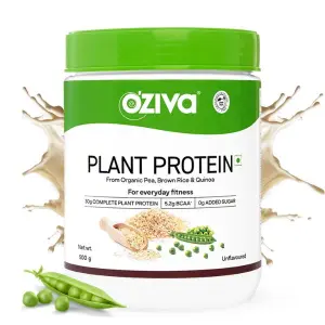 OZiva Plant Pea Protein, 30g Protein Each Scoop, No Added Sugar, Certified Clean & Vegan (Unflavoured, 500g)
