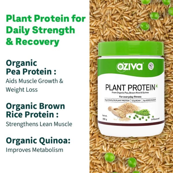 OZiva Plant Pea Protein, 30g Protein Each Scoop, No Added Sugar, Certified Clean & Vegan (Unflavoured, 500g) - Image 3