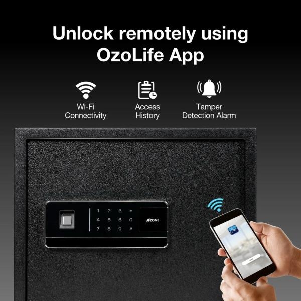 OZONE Bio Vault Life 16 - Black | Wi-Fi Safe Locker for Home & Office – Fingerprint Lock, 3-in-1 Unlocking (OzoLife App, Fingerprint & Password), Size: 250H x 350W x 250D mm, Weight: 9.5 kg, 2-Year Warranty - Image 4