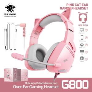 Plextone G800 Pink Cute Gaming Headphone With Mic Cat Ear