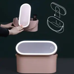 Portable Cosmetics Box with LED Lighted Mirror for Bedroom, Travel, Multi-purpose Makeup Organizer Carrying Storage Case, Travel Size, Gift for Mom Ladies Girls