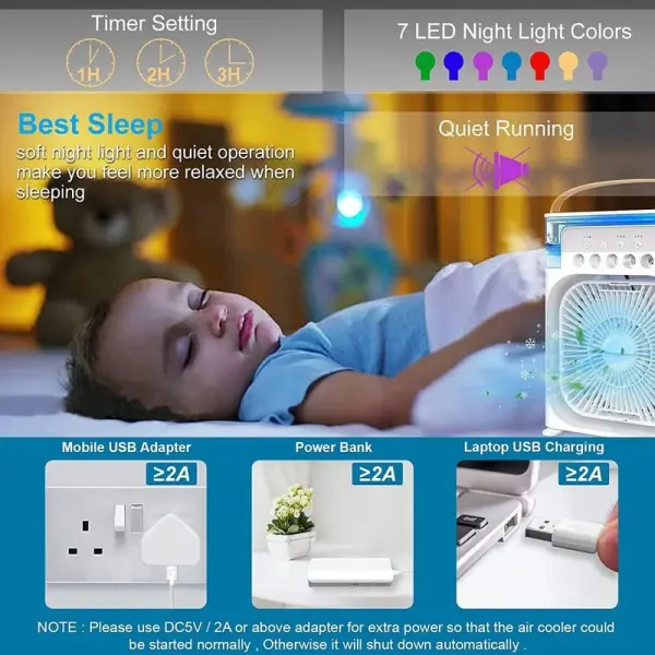 Portable Mini Humidifier Fan with 7 Colors LED Light and 500 ml Water Tank USB Personal Cooler - Image 3