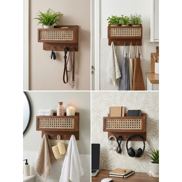 Rattan Key Holder Elegant Decorative Wooden Key Hanger with Shelf Box for Phones and Essentials with 5 Key hanger Hooks in Walnut Brown - Image 2