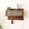 Rattan Key Holder Elegant Decorative Wooden Key Hanger with Shelf Box for Phones and Essentials with 5 Key hanger Hooks in Walnut Brown