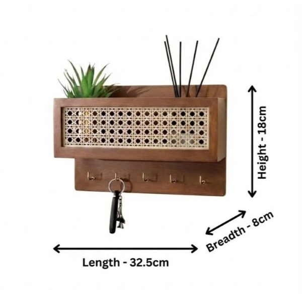 Rattan Key Holder Elegant Decorative Wooden Key Hanger with Shelf Box for Phones and Essentials with 5 Key hanger Hooks in Walnut Brown - Image 3