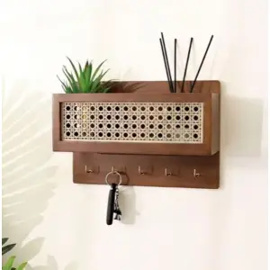 Rattan Key Holder Elegant Decorative Wooden Key Hanger with Shelf Box for Phones and Essentials with 5 Key hanger Hooks in Walnut Brown